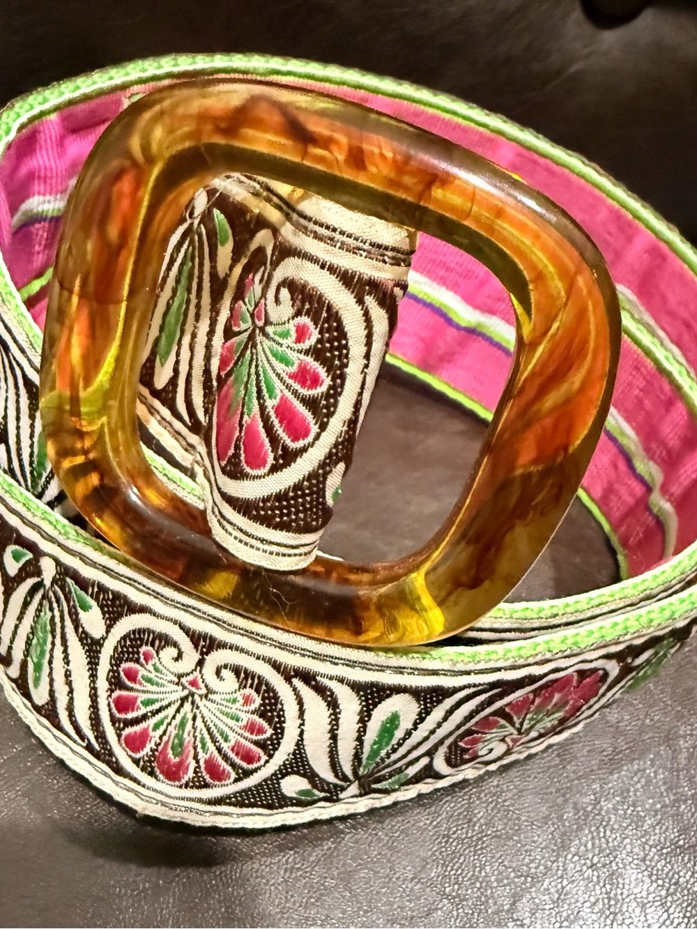 Reversible BohemianFloral Fabric Belt with Amber Buckle - Pink/Green